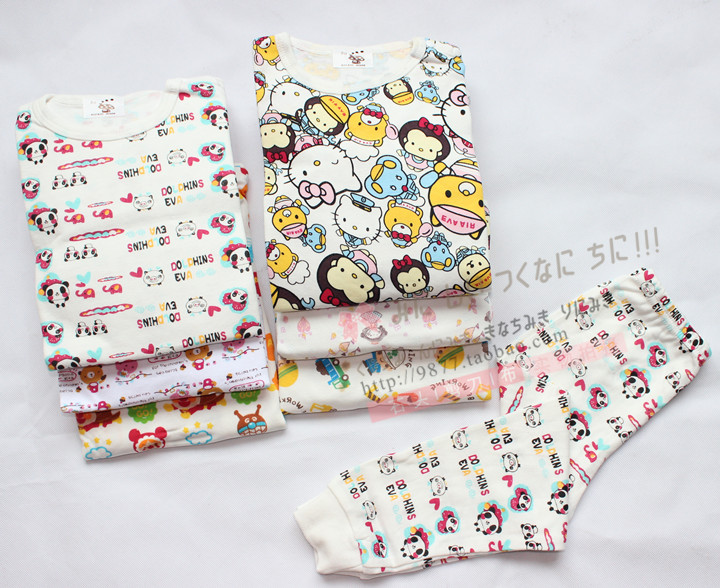 Spring and autumn 100% cotton wool male underwear set child pullover long-sleeve infant sleepwear