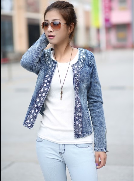 Spring and autumn 2013 vintage rhinestone elastic denim paillette long-sleeve outerwear denim top