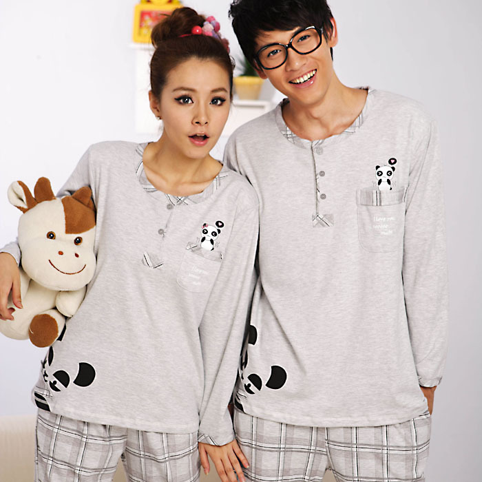 Spring and autumn cartoon lovers sleepwear female cotton long-sleeve lounge male sleep set male