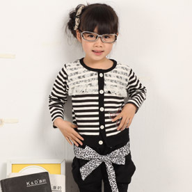 Spring and autumn clothing female child stripe puff sleeve short design cardigan long-sleeve outerwear shorts