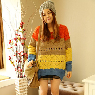 spring and autumn crochet plus size clothing cutout multicolour stripe sweater