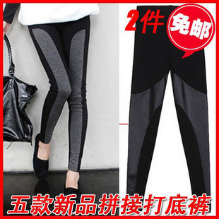 Spring and autumn fashion female cotton patchwork faux leather legging ankle length trousers