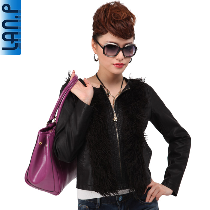 Spring and autumn fashion sexy o-neck slim short design leather clothing water washed leather