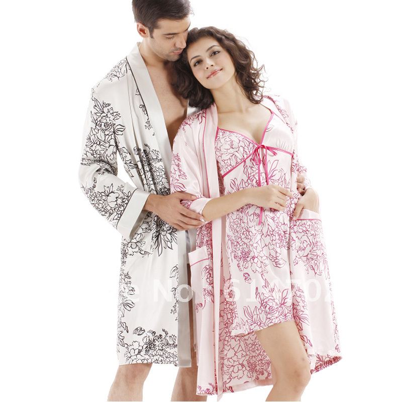 Spring and autumn faux silk lovers sleepwear lounge set women's nightgown robe twinset new arrival pajamas