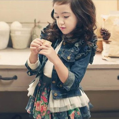 Spring and autumn female child children's clothing turn-down collar butterfly sleeve vintage sweet lace ruffle hem child denim
