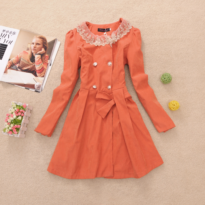 Spring and autumn female lourie lace collar puff sleeve slim medium-long outerwear trench (WC026)