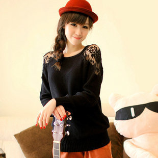 Spring and autumn gentlewomen lace patchwork cutout sweater basic shirt outerwear