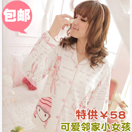 Spring and autumn knitted cotton women's sleepwear lovely sleepwear women's lounge 100% cotton long-sleeve sleep set