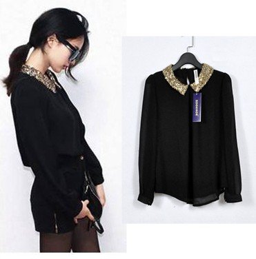 spring and autumn ladies' blouse  fashion simple paillette turn-down neck long-sleeve chiffon shirt  black/pink/white