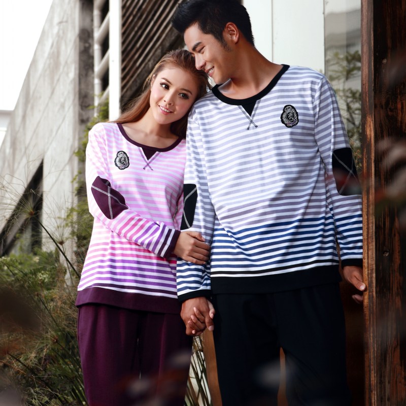 Spring and autumn long-sleeve 100% cotton stripe lovers sleepwear male women's 100% cotton lounge sports set a61 $/each price