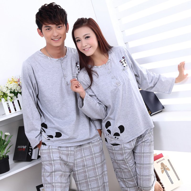 Spring and autumn long-sleeve knitted cotton lovers sleepwear male Women lounge set female Free Shipping