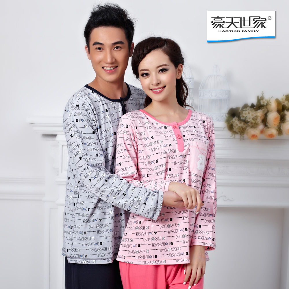 Spring and autumn long-sleeve lovers sleepwear women's stripe lounge male at home service