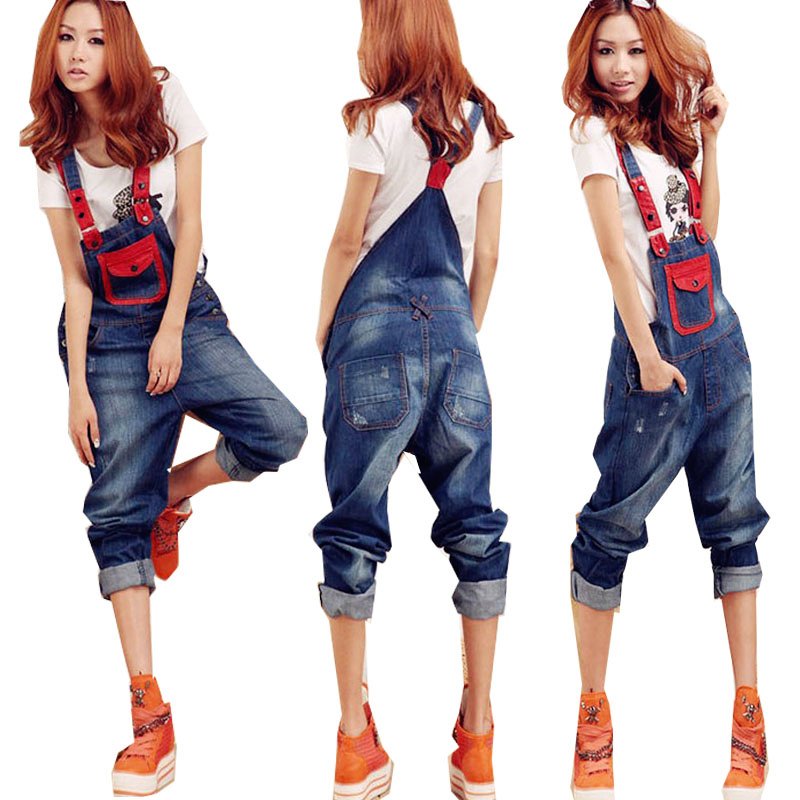 Spring and autumn loose distrressed denim bib pants overalls spaghetti strap denim trousers female