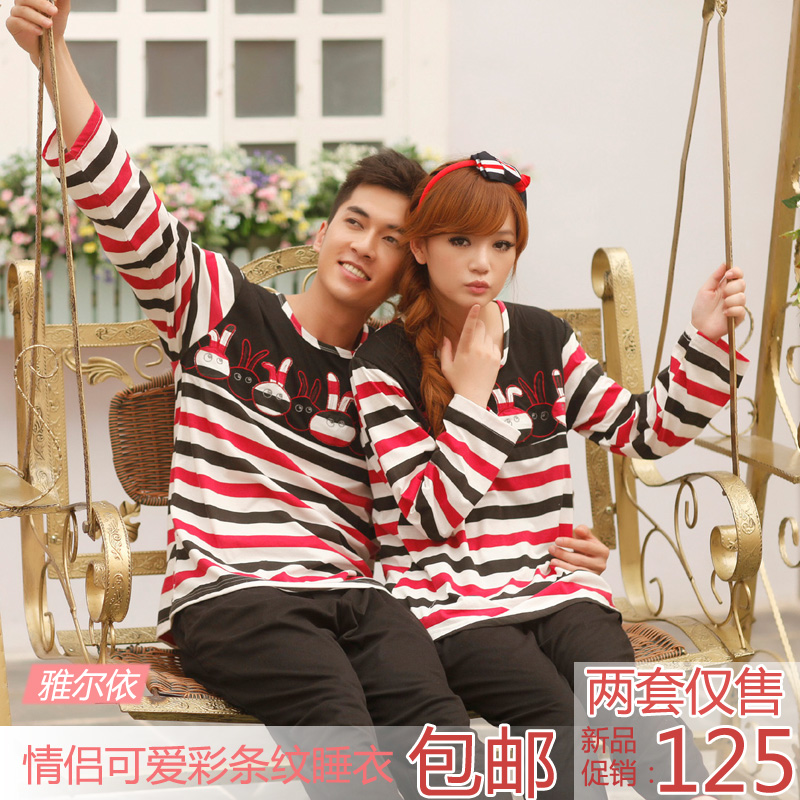 Spring and autumn lovers sleepwear black and red stripe cartoon rabbit knitted 100% cotton lounge male set