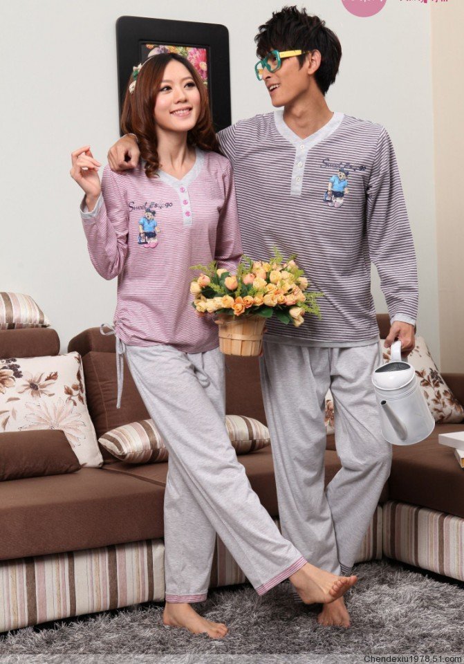 Spring and autumn lovers sleepwear cartoon personality stripe t-shirt cotton 100% cotton long-sleeve lounge