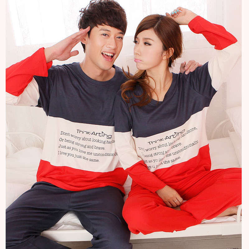 Spring and autumn lovers sleepwear color block decoration fashion knitted cotton women's lounge male set