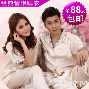 Spring and autumn lovers sleepwear faux silk male women's at home service Women short-sleeve silk lounge set