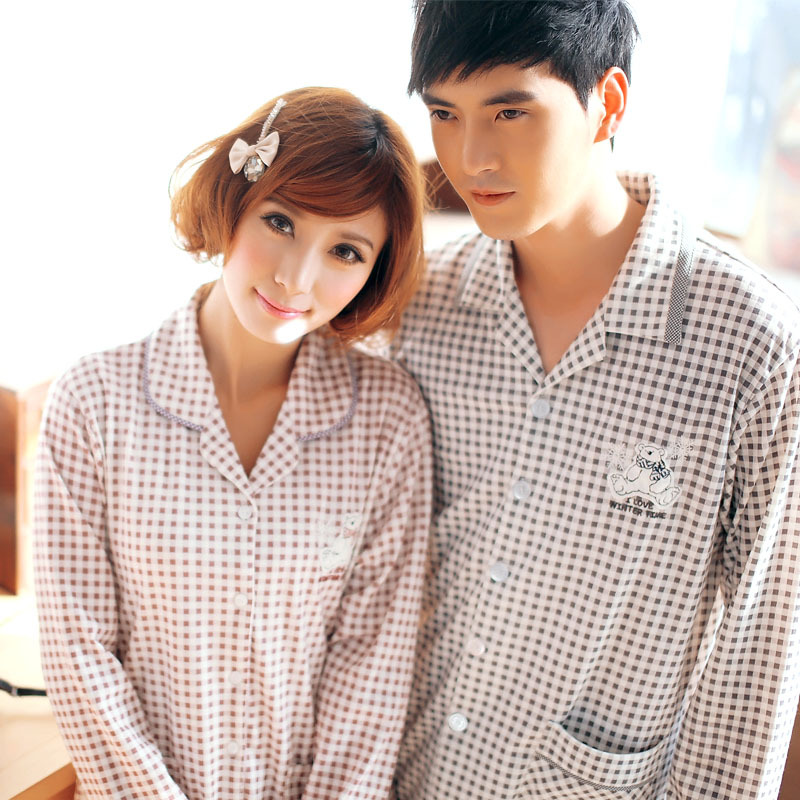 Spring and autumn lovers sleepwear female knitted cotton long-sleeve lounge female male sleep set male