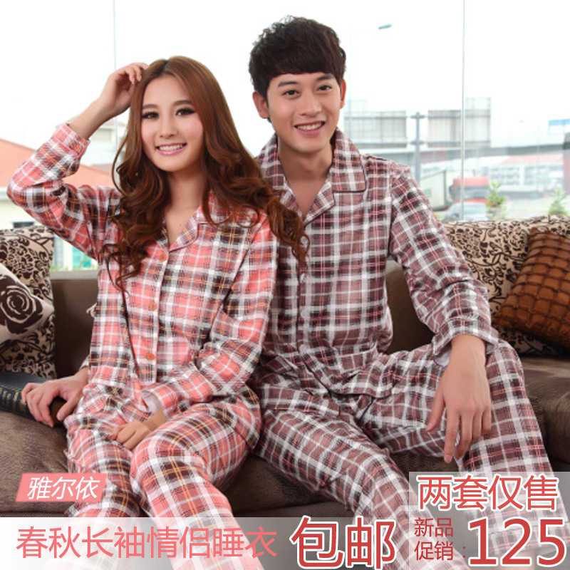 Spring and autumn lovers sleepwear knitted 100% cotton female long-sleeve plaid male casual set lounge