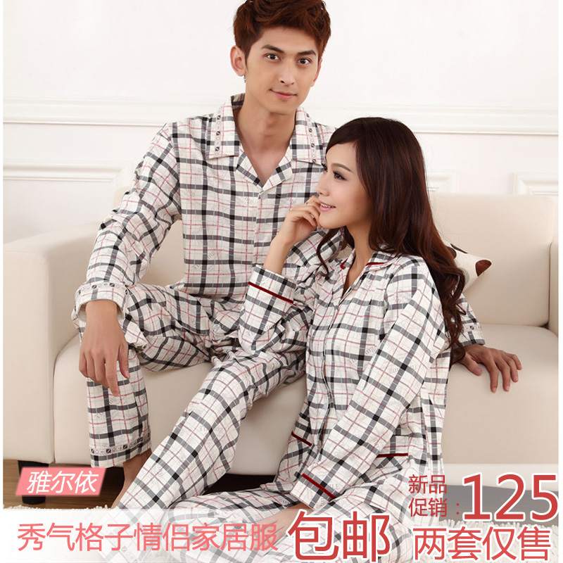 Spring and autumn lovers sleepwear long-sleeve knitted 100% cotton women's lounge plaid male set