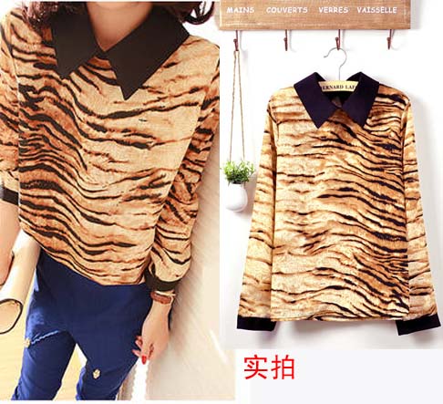 Spring and autumn . lsquo . wild leopard print . unique doll turn-down collar . long-sleeve chiffon shirt
