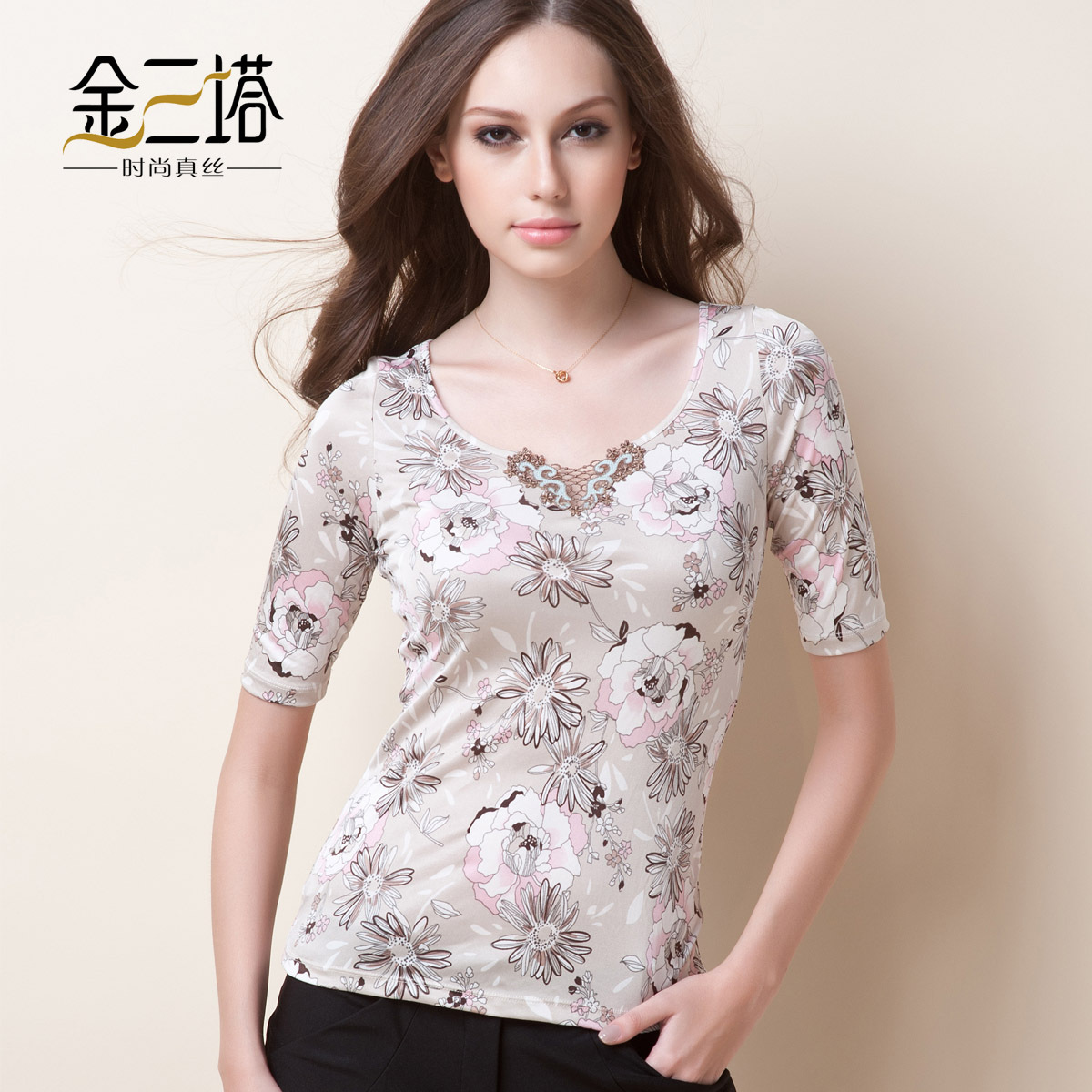 Spring and autumn new arrival mulberry silk basic shirt female silk skin-friendly half sleeve top
