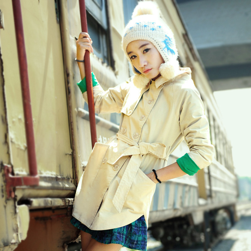 Spring and autumn new arrival turn-down collar slim outerwear female medium-long 100% cotton with a hood trench c5322