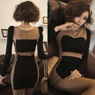 Spring and Autumn nightclub dinner name Ai mini dress hit the color stitching sexy tight package hip long-sleeved dress