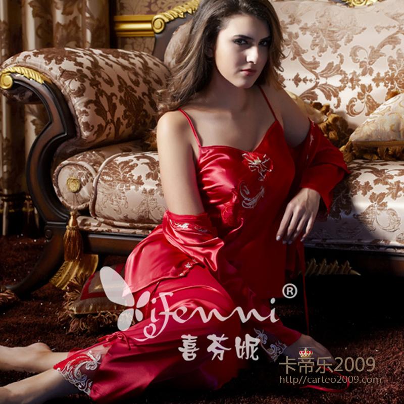 Spring and autumn red silk elegant noble thin three piece set sleepwear robe female