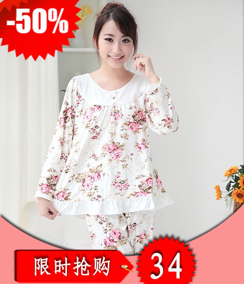 Spring and autumn rustic romantic sweet women's 100% cotton dress length at home service set
