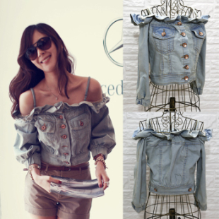 Spring and autumn sexy denim strapless slit neckline spaghetti strap top shirt ruffle hem half sleeve short jacket