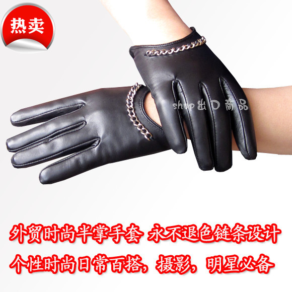 Spring and autumn short metal chain women's push-up design suede genuine leather gloves