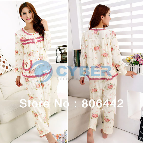 Spring and Autumn Sleepwear Female Cotton Long-Sleeve Floral Pajamas Women's Casual Lounge Set Free Shipping 11174
