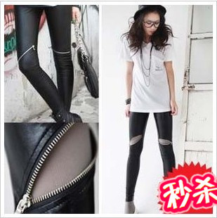 Spring And Autumn Slim Female Matt Faux Leather Zipper Legging