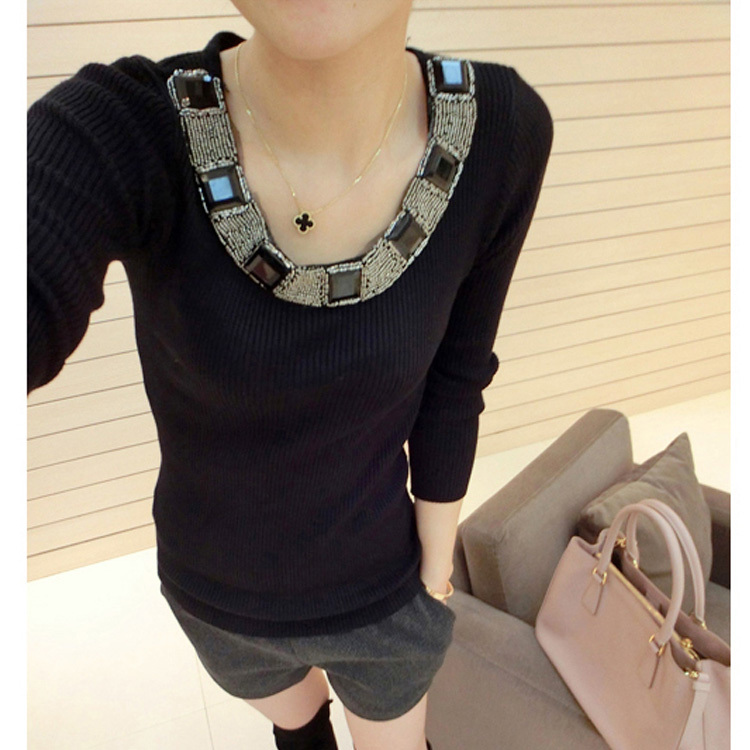 Spring and autumn slim medium-long shirt long-sleeve sweater basic shirt cotton sweater female rhinestone decor collar shirt