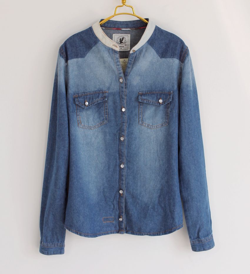 Spring and autumn small stand collar color block decoration tie-dyeing water wash denim long-sleeve shirt