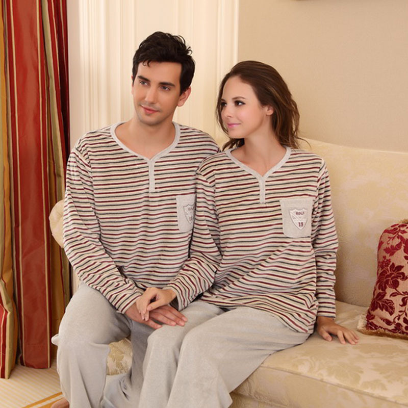 Spring and autumn stripe lovers sleepwear female velvet long-sleeve lounge male sleep set
