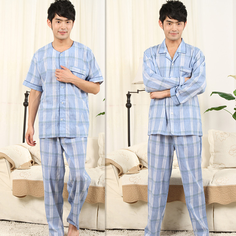 Spring and autumn summer 100% cotton male 100% cotton long short sleeve length pants 100% cotton sleepwear three pieces set