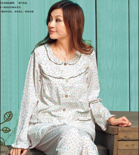 Spring and autumn summer long short-sleeve women's sleepwear 100% cotton mommas lounge set