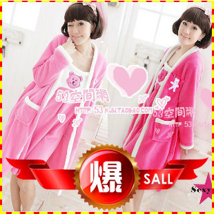 Spring and autumn sweet bear polar fleece fabric sleepwear twinset spaghetti strap women's nightgown robe
