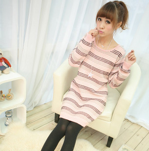 Spring and autumn sweet slim stripe medium-long low o-neck long-sleeve basic sweater women sweater