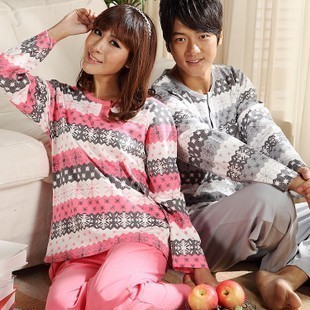 Spring and autumn thin stripe lovers sleepwear male women's 100% cotton long-sleeve sleepwear lounge set