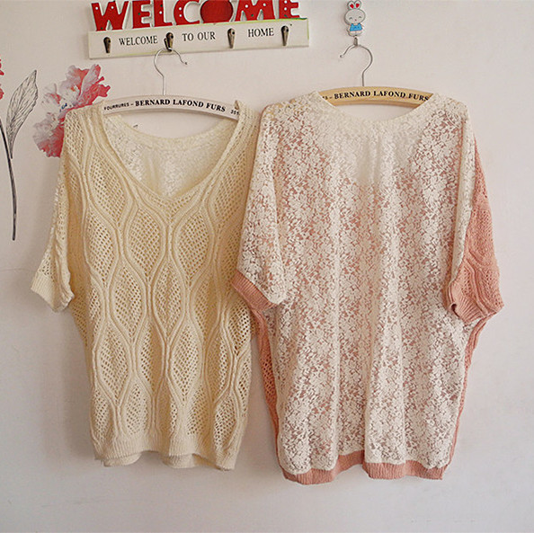 Spring and autumn vintage cutout crochet behind full lace batwing sleeve medium-long loose sweater shirt