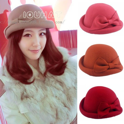 Spring and autumn winter bow roll-up hem woolen fedoras female fashion vintage dome beret fashion hat
