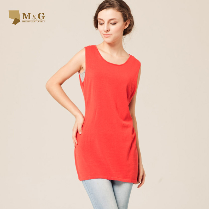 spring and autumn women's fashion o-neck loose sweater medium-long sleeveless red basic shirt