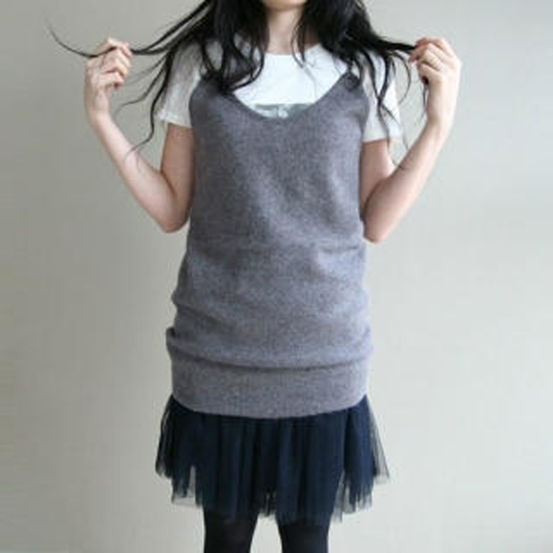 Spring and autumn , women's grey casual cashmere long design spaghetti strap top collocations short skirt