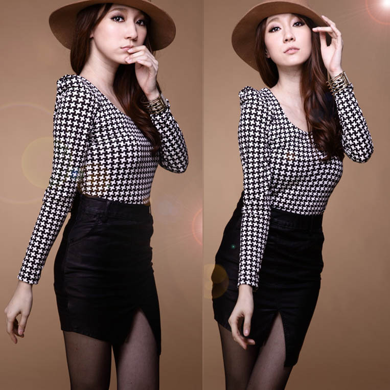 Spring and autumn women's houndstooth pads all-match black and white color block knitted top basic sweater
