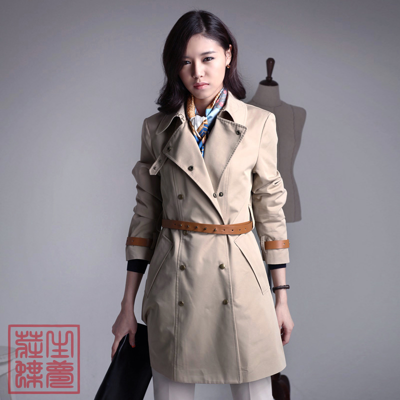 Spring and autumn women's leather belt double buckle medium-long trench outerwear