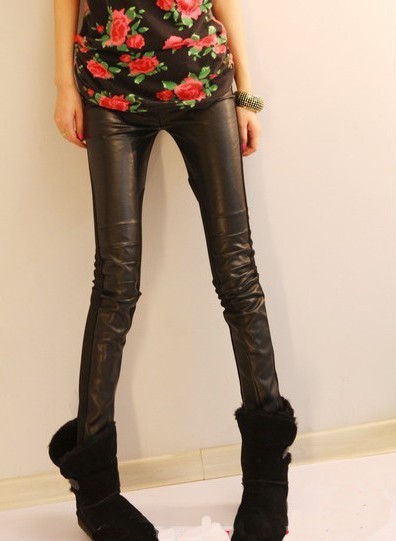Spring and autumn women's sexy faux leather patchwork fashion female slim pencil basic trousers
