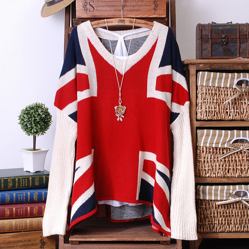 Spring and Autumn women thick bat sleeve sweaters with UK British flag